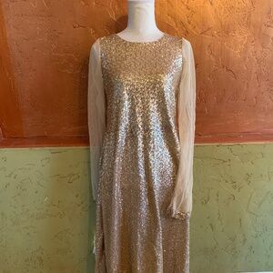 Long Golden Beige Matte Sequin Dress with Net Sleeves